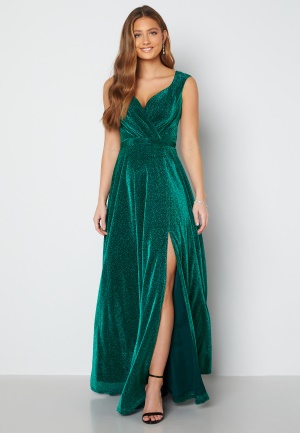 Läs mer om Goddiva Curve Glitter Wrap Front Maxi Dress With Split Emerald 54 (UK26)
