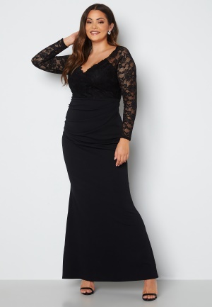 Läs mer om Goddiva Curve Long Sleeve Lace Trim Maxi Dress Black 54 (UK26)