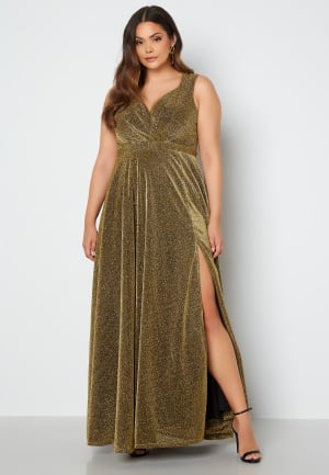 Läs mer om Goddiva Curve Wrap Front Sleeveless Maxi Curve Dress With Split Gold 54 (UK26)