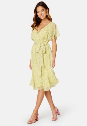 Goddiva Ditsy Flutter Sleeve Midi Dress Soft Lemon L (UK14)