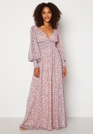 Goddiva Ditsy Long Sleeve Shirred Maxi Dress Blush L (UK14)