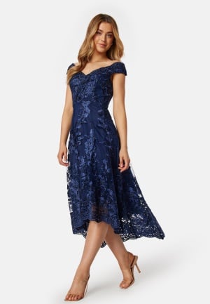 Bilde av Goddiva Embroidered Lace Dress Navy Xl (uk14)