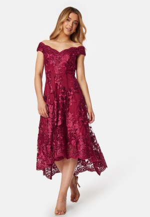 Bilde av Goddiva Embroidered Lace Dress Wine L (uk12)