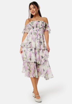Läs mer om Goddiva Floral Bardot Pleated Midi Dress Multi S (UK10)