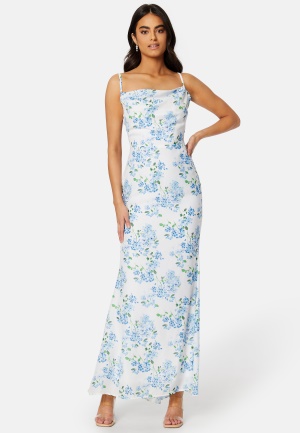 Läs mer om Goddiva Floral Chiffon Cowl Neck Maxi Dress Blue L (UK14)