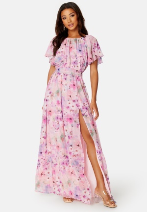 Goddiva Floral Flutter Chiffon Open Back Maxi Dress Pink XL (UK16)