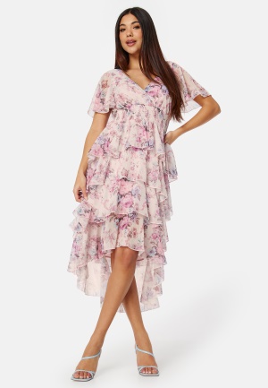 Läs mer om Goddiva Floral Flutter Tiered High Low Dress Pink S (UK10)