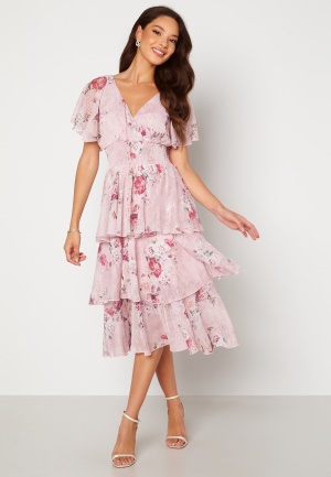 Läs mer om Goddiva Floral Flutter Tiered Midi Dress Blush XL (UK16)