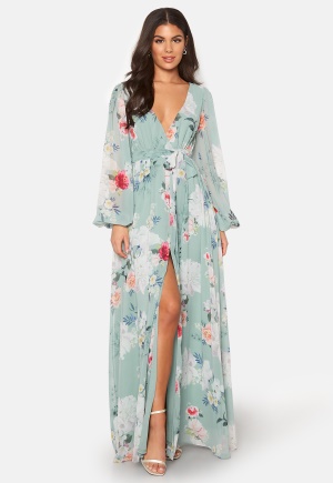 Läs mer om Goddiva Floral Long Sleeve Chiffon Maxi Dress Green L (UK14)