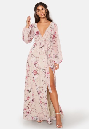 Läs mer om Goddiva Floral Long Sleeve Chiffon Maxi Dress Latte XS (UK8)