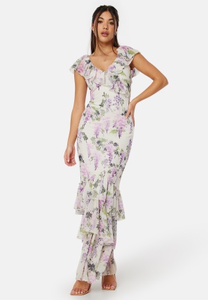Läs mer om Goddiva Floral Ruffle Hem Maxi Dress Multi S (UK10)