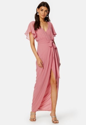 Image of Goddiva Flutter Chiffon Wrap Maxi Dress Warm Pink XL (UK16)
