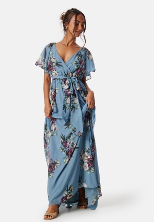 Bilde av Goddiva Flutter Floral Maxi Dress Blue M (uk12)