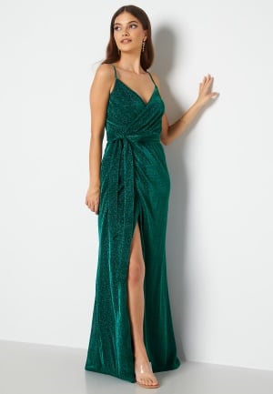 Läs mer om Goddiva Glitter Wrap Front Maxi Dress Emerald L (UK14)