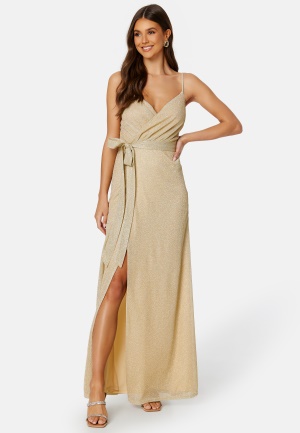Bilde av Goddiva Glitter Wrap Front Maxi Dress Light Gold Xl (uk16)