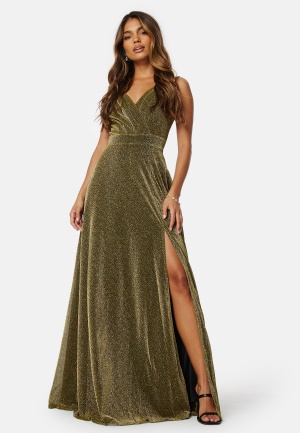 Läs mer om Goddiva Glitter Wrap Maxi Dress Gold S (UK10)
