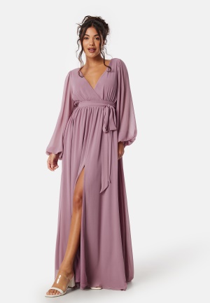 Läs mer om Goddiva Long Sleeve Chiffon Dress Dusty Lavendel M (UK12)