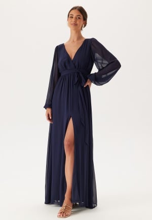 Goddiva Long Sleeve Chiffon Dress Navy L (UK14)