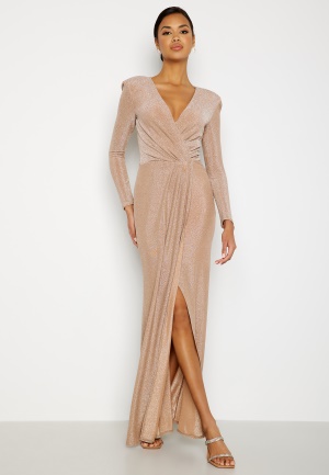 Image of Goddiva Long Sleeve Glitter Maxi Dress Nude XXS (UK6)