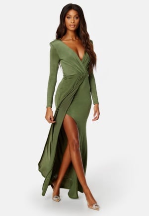 Goddiva Long Sleeve Maxi Dress Olive S (UK10)
