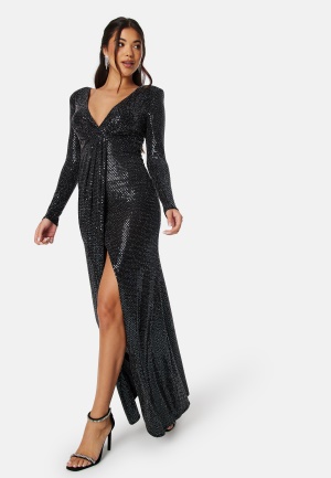 Bilde av Goddiva Long Sleeve Sequin Maxi Dress With Split Black M (uk12)