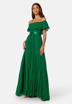 Läs mer om Goddiva Pleated Chiffon Off Shoulder Maxi Dress Green XL (UK16)