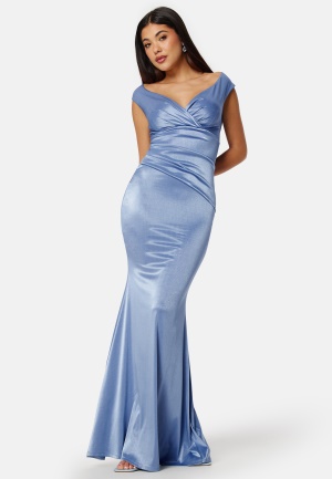 Bilde av Goddiva Satin Bardot Pleat Maxi Dress Dusty Blue L (uk14)