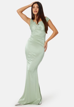 Läs mer om Goddiva Satin Bardot Pleat Maxi Dress Sage Green XL (UK16)