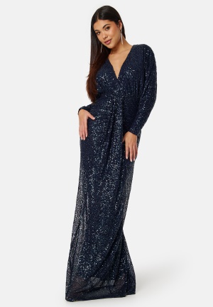 Läs mer om Goddiva Sequin Deep V Maxi Dress Navy XL (UK16)