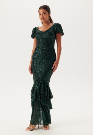 Läs mer om Goddiva Sequin Tiered Hem Maxi Dress Dark Green XL (UK16)