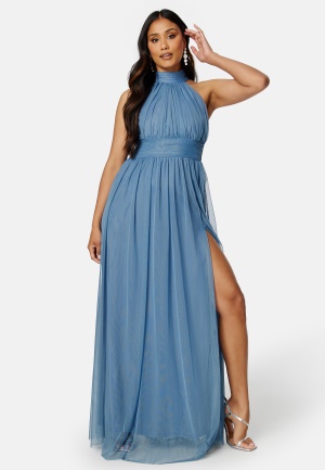 Bilde av Goddiva Tie Neck Maxi Dress With Split Dusty Blue S (uk10)