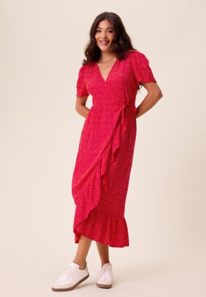 Läs mer om Happy Holly Evie Puff Sleeve Midi Wrap Dress Red/Dotted 52/54