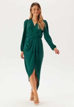 Läs mer om John Zack Balloon Sleeve Wrap Front Maxi Dress Dark Green L (UK14)