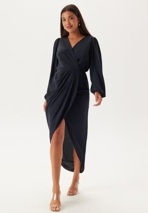 Läs mer om John Zack Balloon Sleeve Wrap Front Maxi Dress Navy M (UK12)