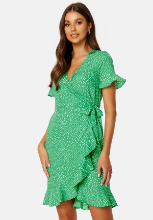VERO MODA Henna 2/4 Wrap Frill Dress Bright Green AOP:Whi XL