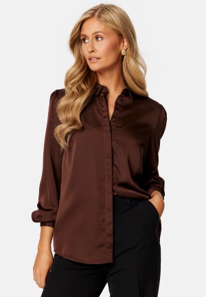 VILA Ellette Satin L/S Shirt Chocolate Fondant 34