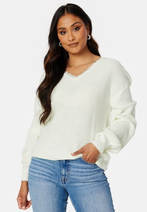 VILA Oa Rev V-Neck Lace Knit White Alyssum Detail XS