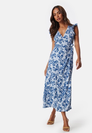 VILA Vipeffi lira V-Neck wrap midi dress White/Blue/Patterned M
