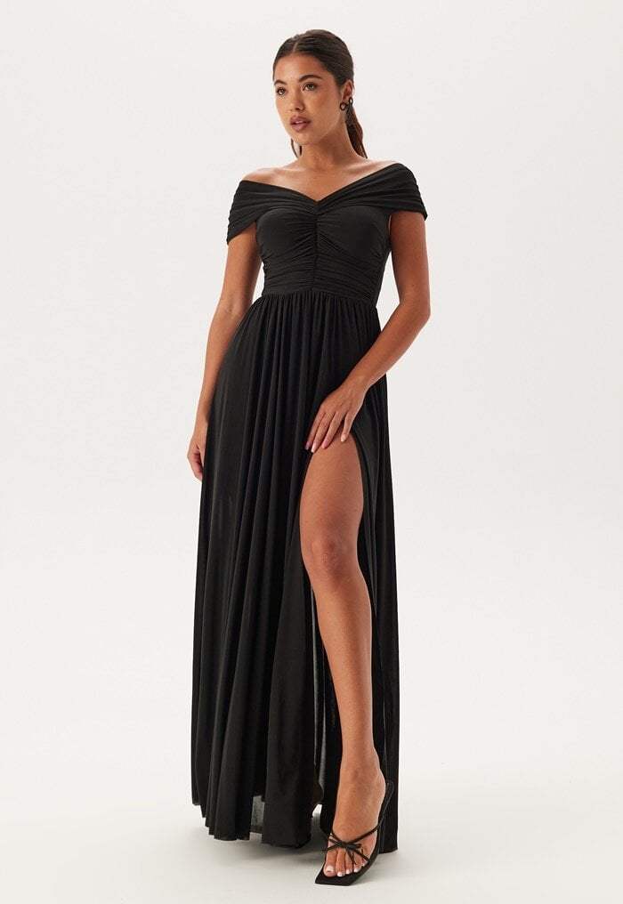 Goddiva Bardot Rouched Maxi Split Dress Bubbleroom