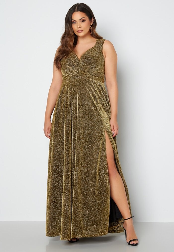 Goddiva Curve Glitter Wrap Front Maxi Curve Dress With Split