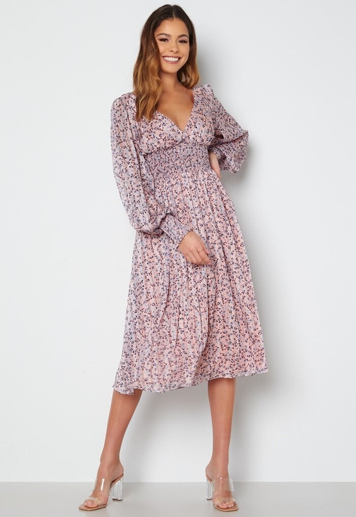 Goddiva Ditsy Long Sleeve Shirred Midi Dress